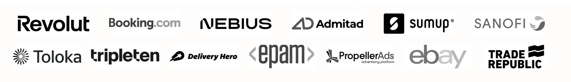 Revolut, Booking.com, Nebius, Admitad, SumUp, Sanofi, Toloka, TripleTen, Delivery Hero, EPAM, PropellerAds, eBay, Trade Republic